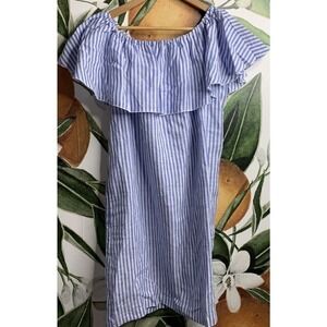 Sagimar Medium Off Shoulder Striped Blue Linen Dress New